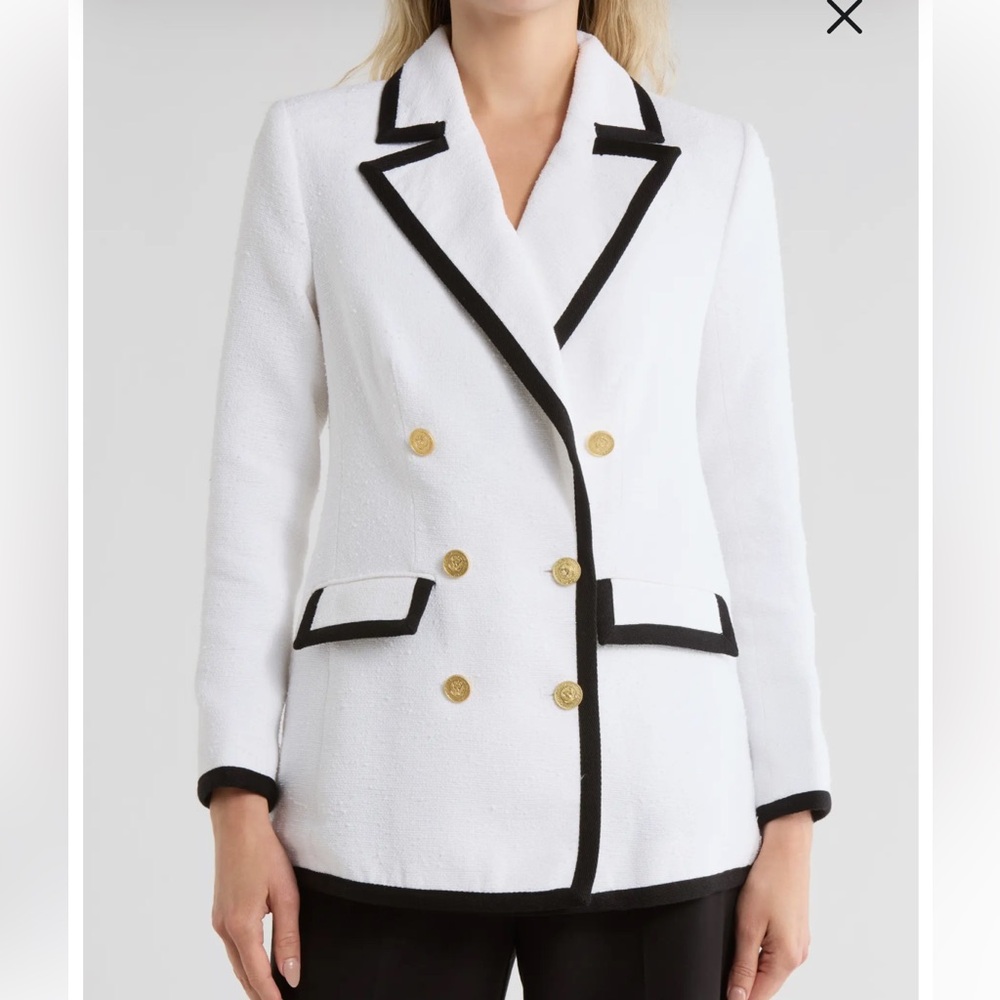 L’agence White Double-Breasted Contrast-Trim Blazer Jacket - Picture 1 of 2